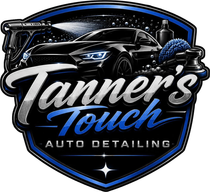 Black and blue auto detailing logo with a car and the text “Tanner’s Touch Auto Detailing”