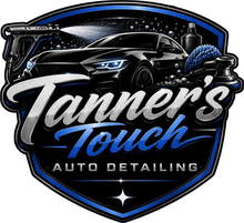 Black and blue auto detailing logo with a car and the text “Tanner’s Touch Auto Detailing”