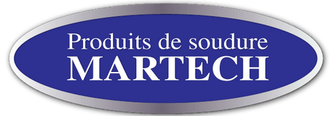 Logo avec bordure argentée et centre bleu sur lequel on peut lire « Produits de soudure MARTECH » en caractères blancs.