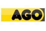 Logo AGO en lettres noires sur fond jaune.