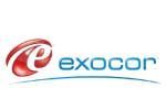 Logo d'Exocor, présentant un motif tourbillonnant rouge à côté du nom de l'entreprise en turquoise.