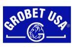 Rectangle bleu avec l'inscription « GROBET USA » en blanc, logo d'une tête de chèvre dans un cercle.