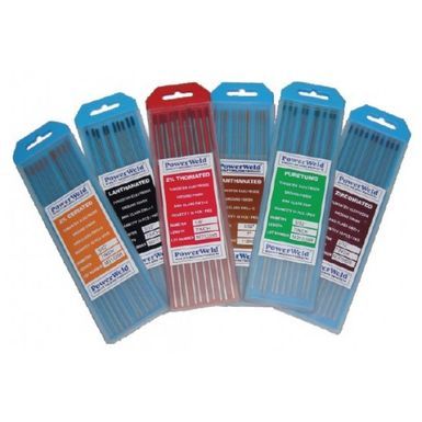 Six paquets d'électrodes de soudage de couleurs variées, étiquetés avec le type et la marque « Primary Weld ».