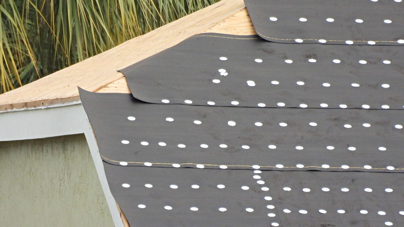 Close-up of roof with dark shingles and white dots, partially covering light-colored wood underlayment.