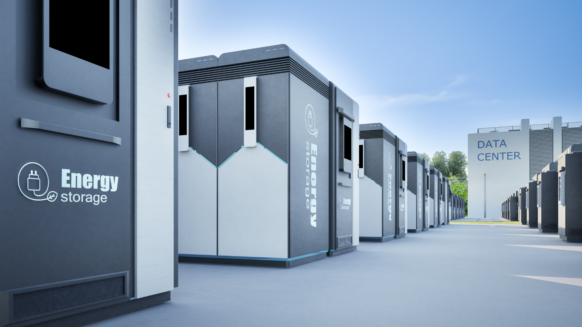 Row of energy storage containers outside a data center on a sunny day.