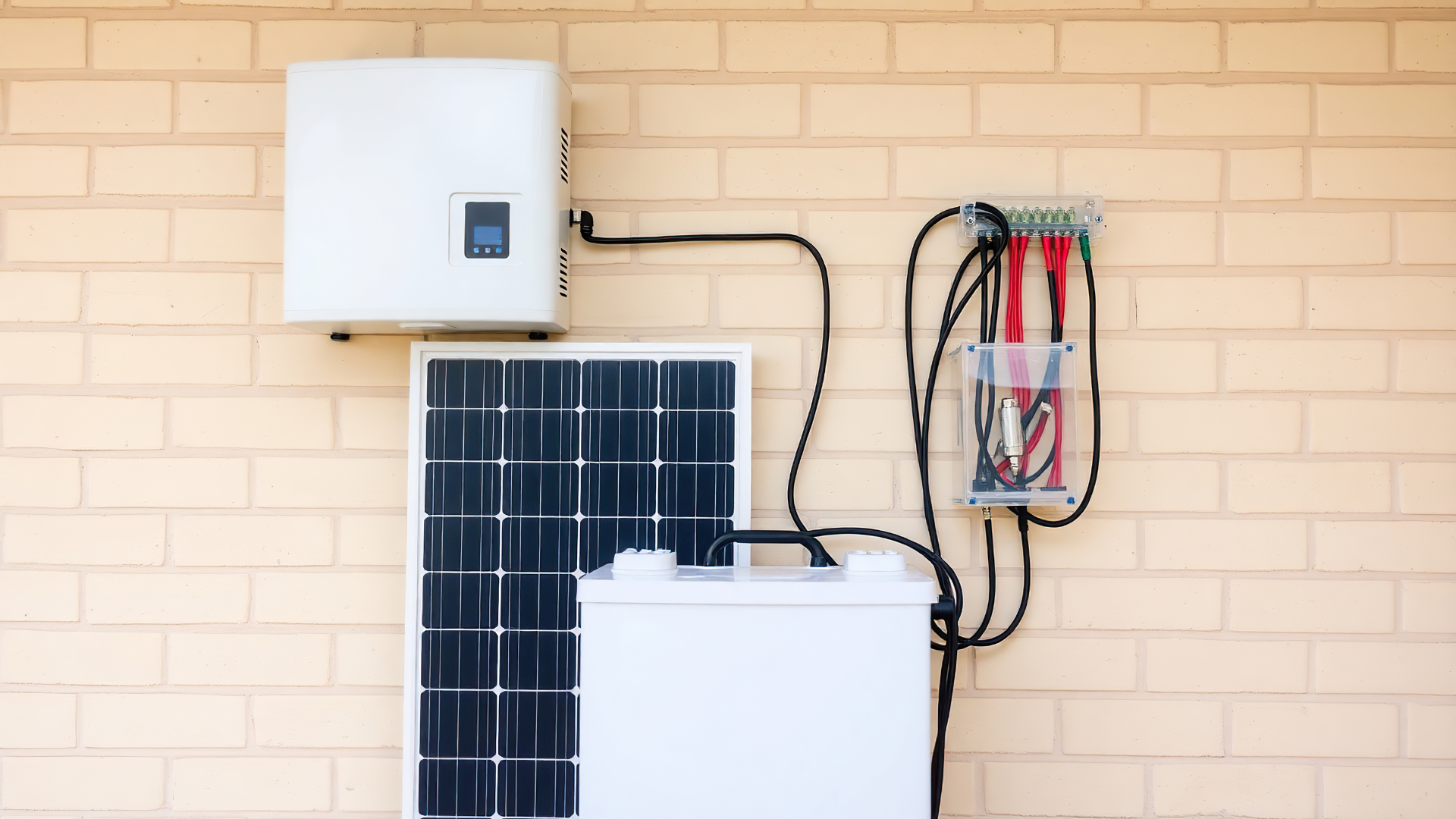 Solar panel, battery, and inverter mounted on a brick wall, part of a solar power system.