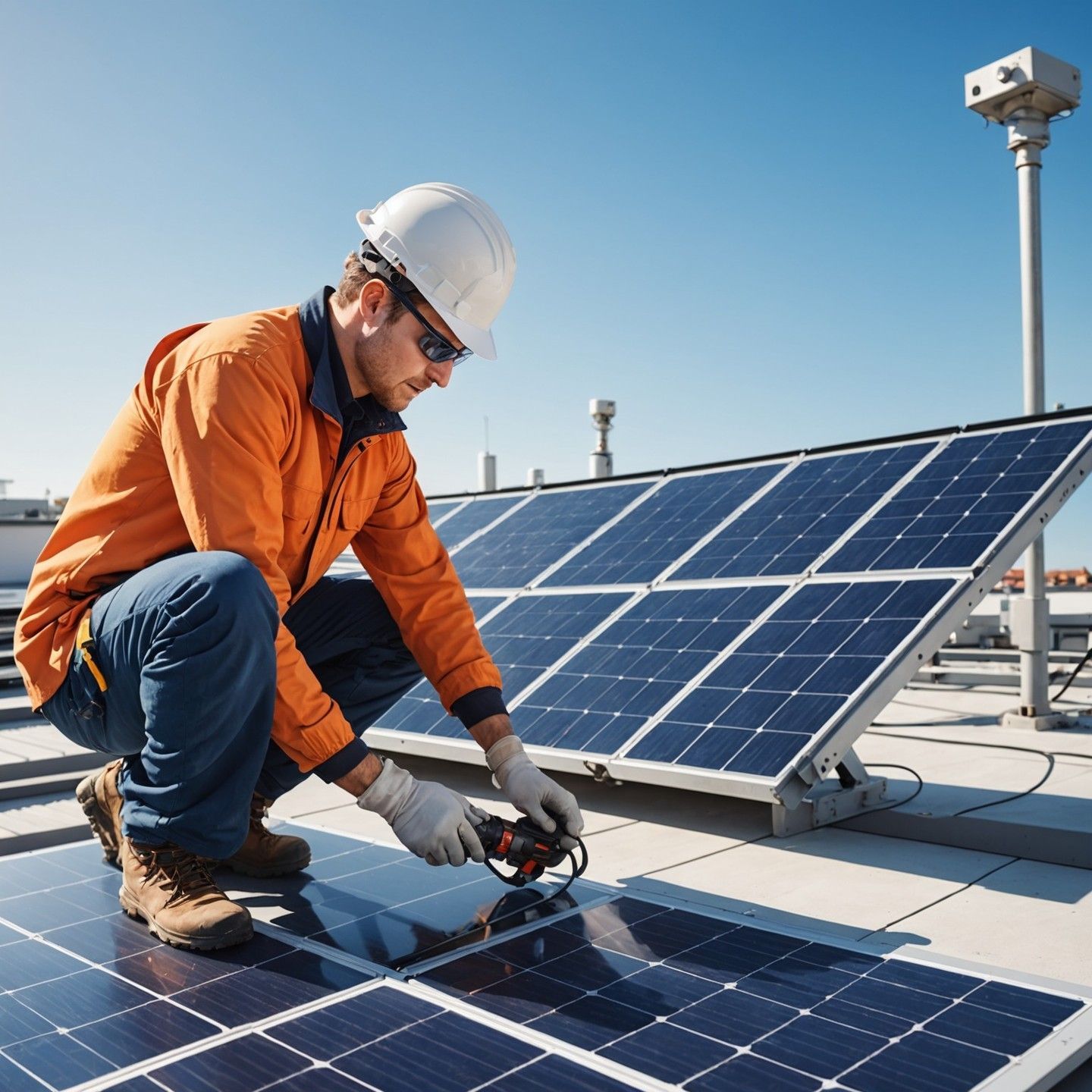 Solar panel installer working on rooftop under a clear blue sky. He wears a white helmet, orange jacket, and gloves.