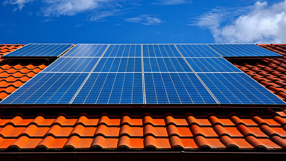 Solar panels installed on a red tile roof against a blue sky with clouds.