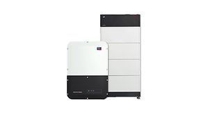 Solar inverter and battery system, white and black, on a white background.