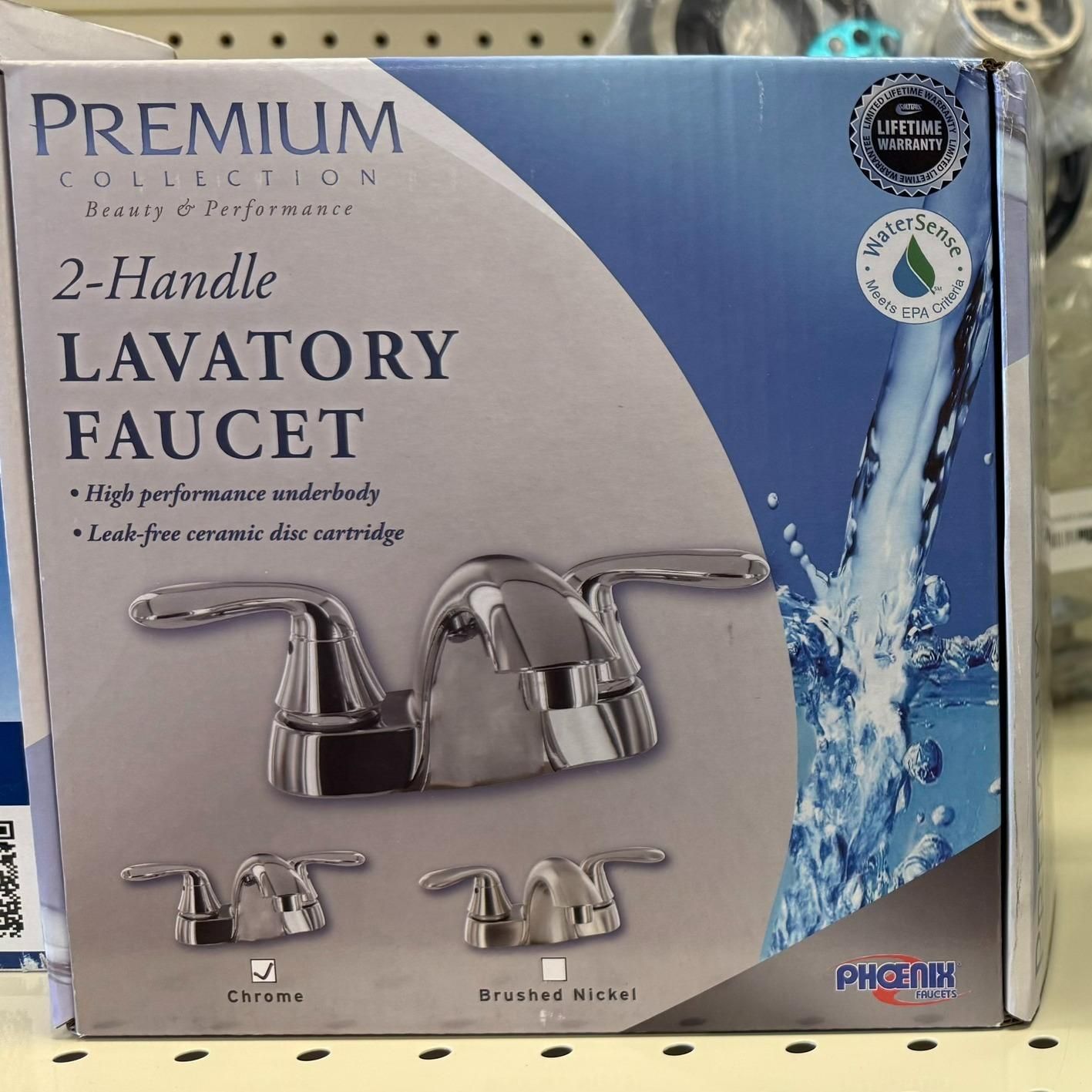 Box for a two-handle lavatory faucet, chrome finish. Features water splash graphic and brand name 