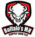 Logo for Buffalo's MH Supply Hub LLC: white bison head in a red and black shield, text "Buffalo's MH Supply Hub LLC."