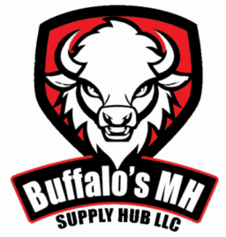 Logo for Buffalo's MH Supply Hub LLC: white bison head in a red and black shield, text "Buffalo's MH Supply Hub LLC."