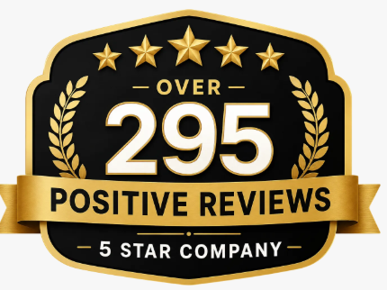 Gold and black badge reading “Over 295 Positive Reviews” and “5 Star Company” with stars and laurel accents