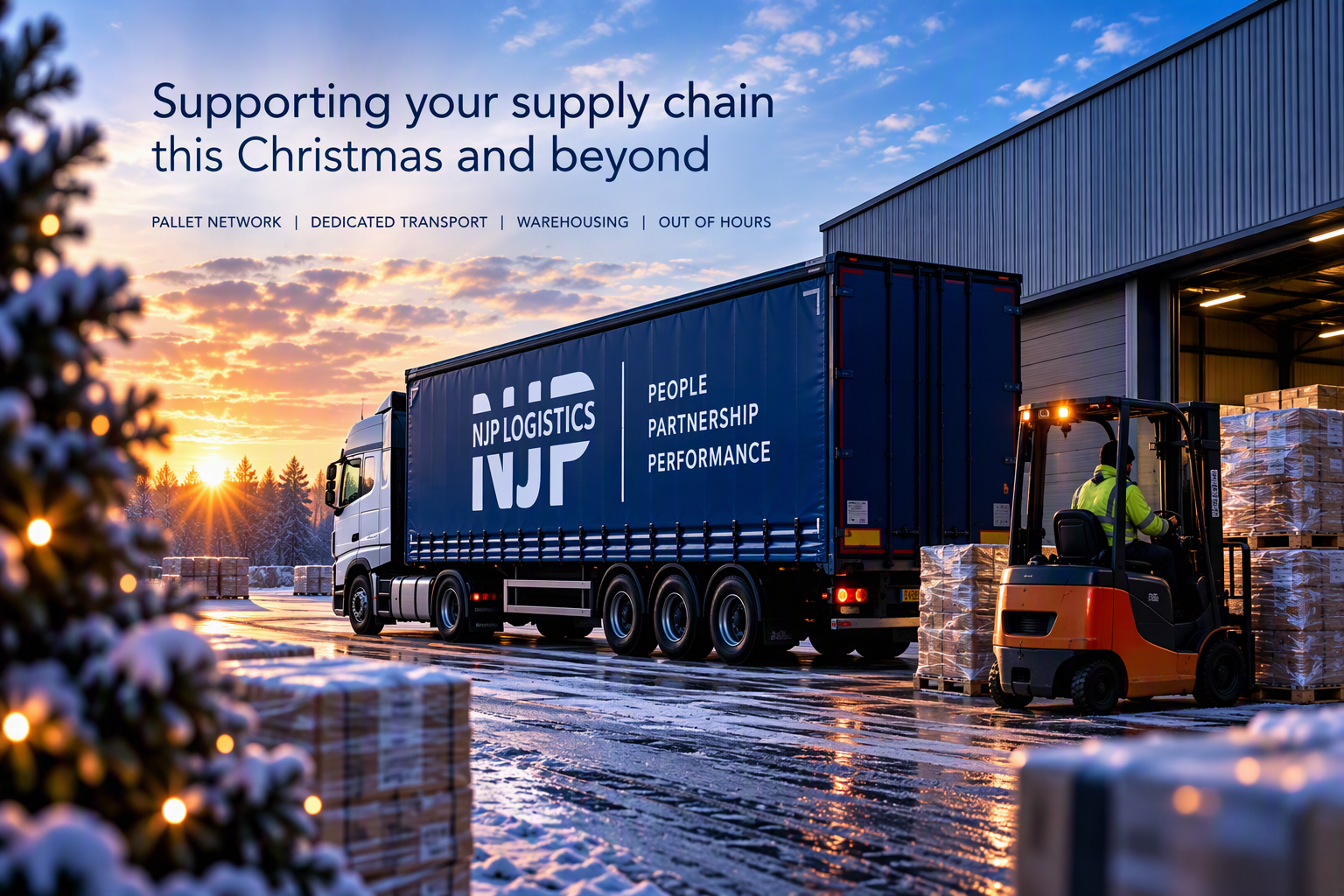NJP Logistics truck loading pallets at a warehouse during the Christmas peak