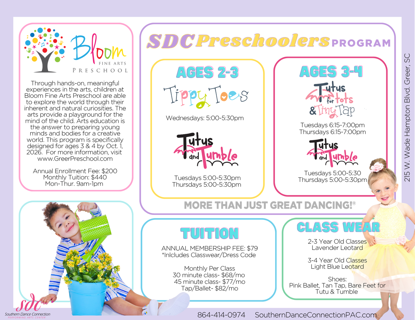 Colorful preschool program flyer with class details, pricing boxes, and photos of smiling children on a white background