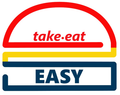 Logo take.eat EASY con testo e forme stilizzate rosse, gialle e blu.