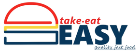 Logo Take.eat Easy con strisce rosse, gialle e blu navy e slogan