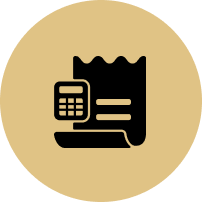 An icon of a receipt and a calculator in a circle.