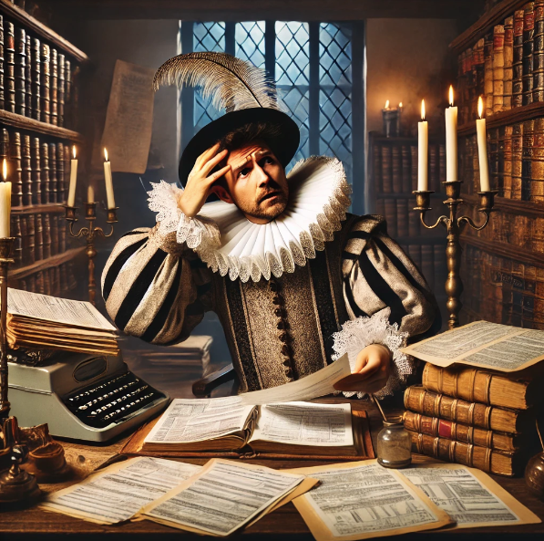A man in a costume is sitting at a desk surrounded by books and candles