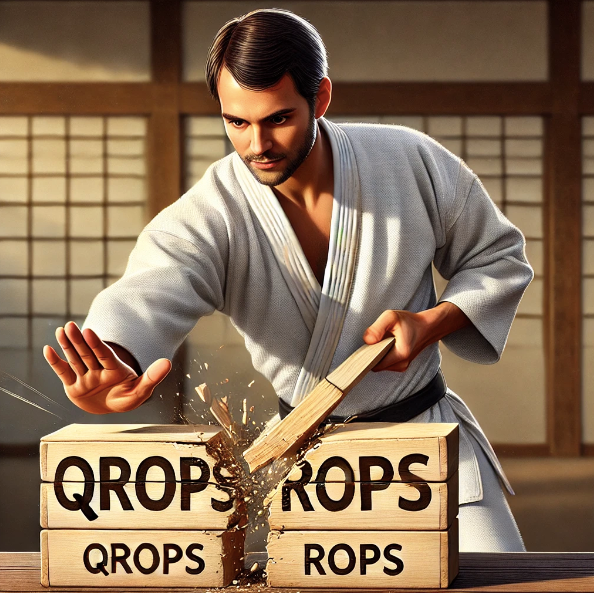 A man in a karate uniform is breaking a box that says qrops rops