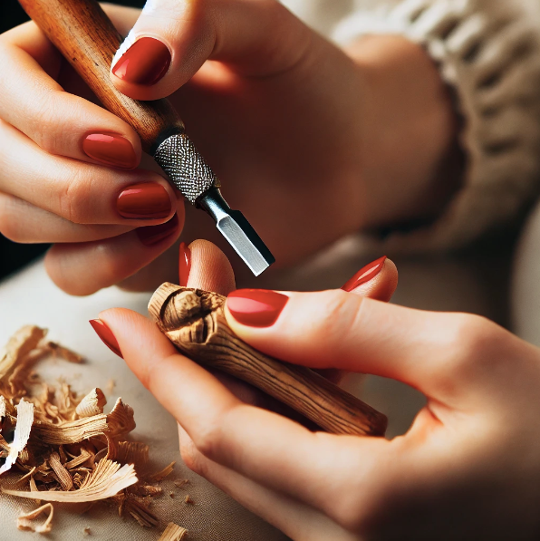 A woman with red nails is carving a piece of wood