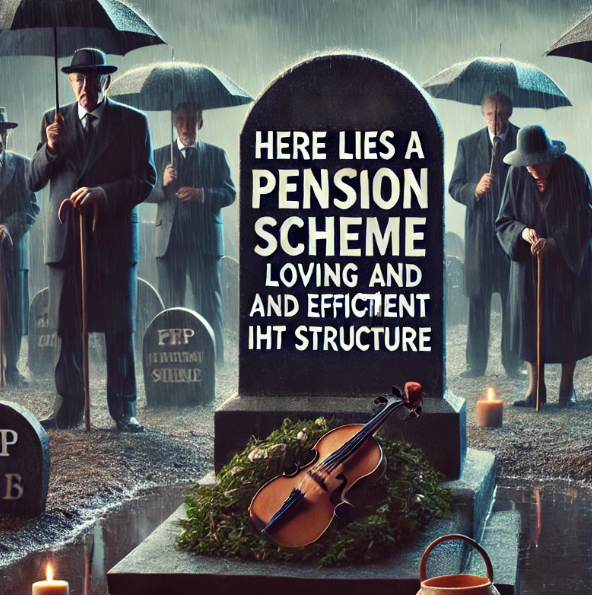 A poster that says here lies a pension scheme loving and efficient iht structure