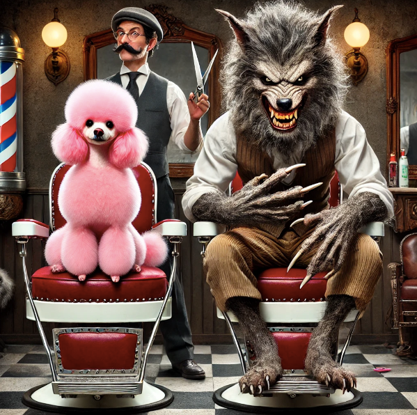 A pink poodle sits in a barber chair next to a werewolf