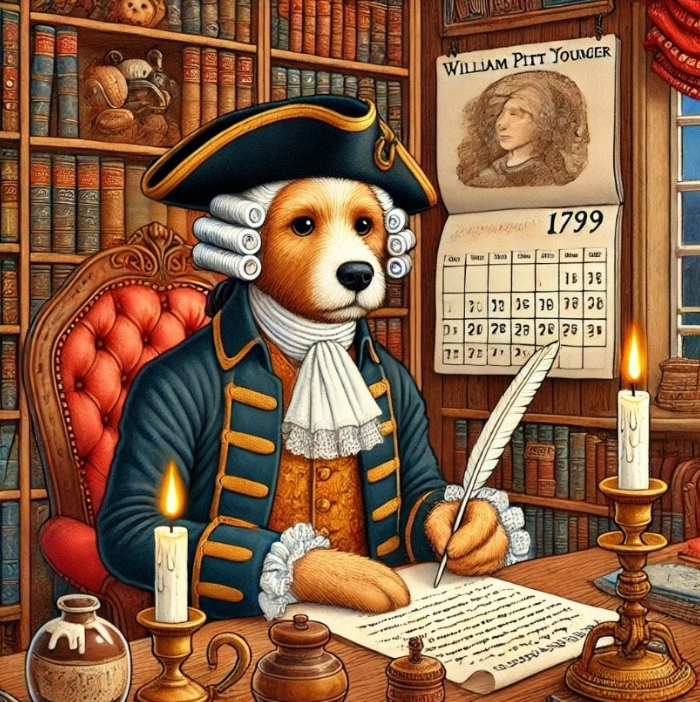 A painting of a dog dressed as william pitt younger