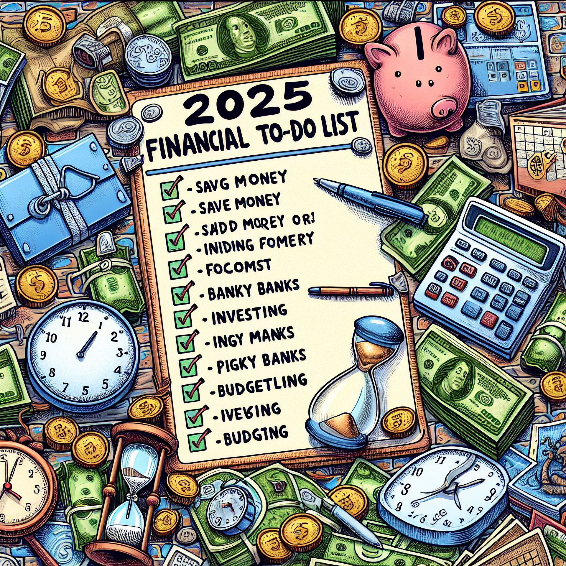 A cartoon illustration of a financial to-do list for the year 2025.
