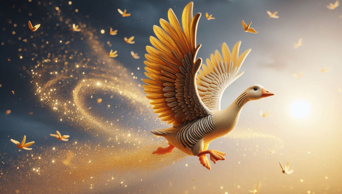 A goose is flying through the air with its wings spread.