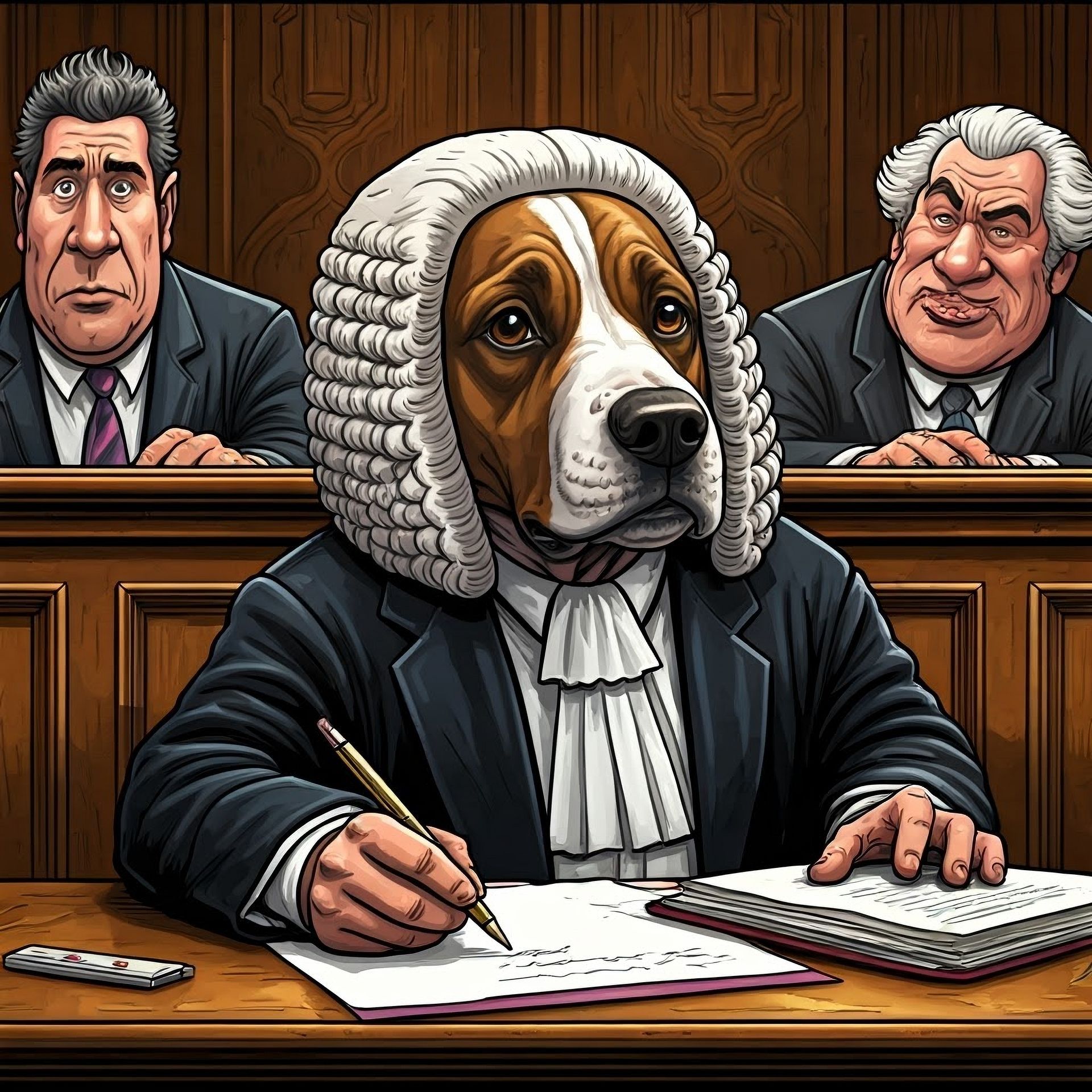 A dog with a wig on its head is sitting at a desk in a courtroom.