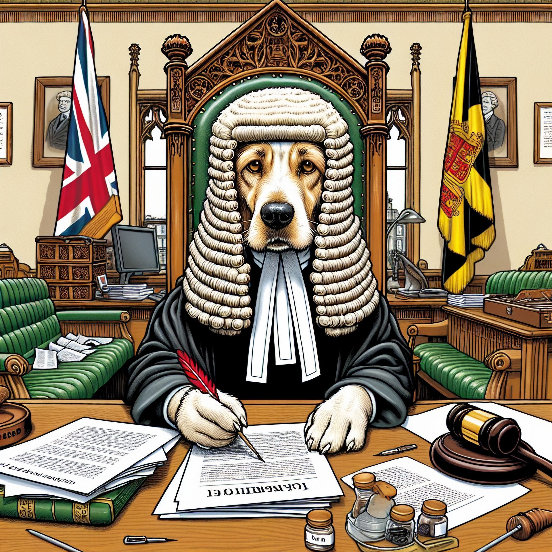 A cartoon of a dog dressed as a judge