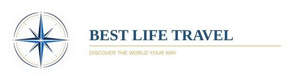 Best Life Travel logo with blue compass icon and gold tagline on a white background