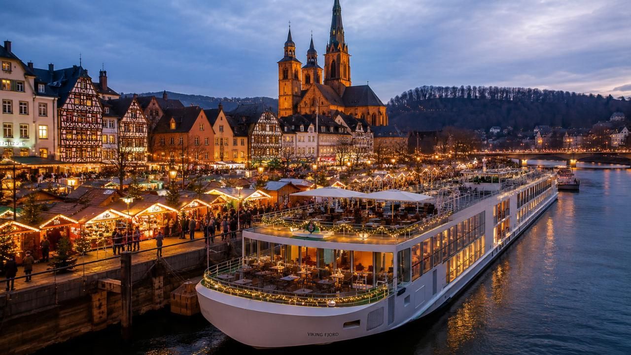 Illuminated riverside market at dusk beside a large white boat and historic buildings.