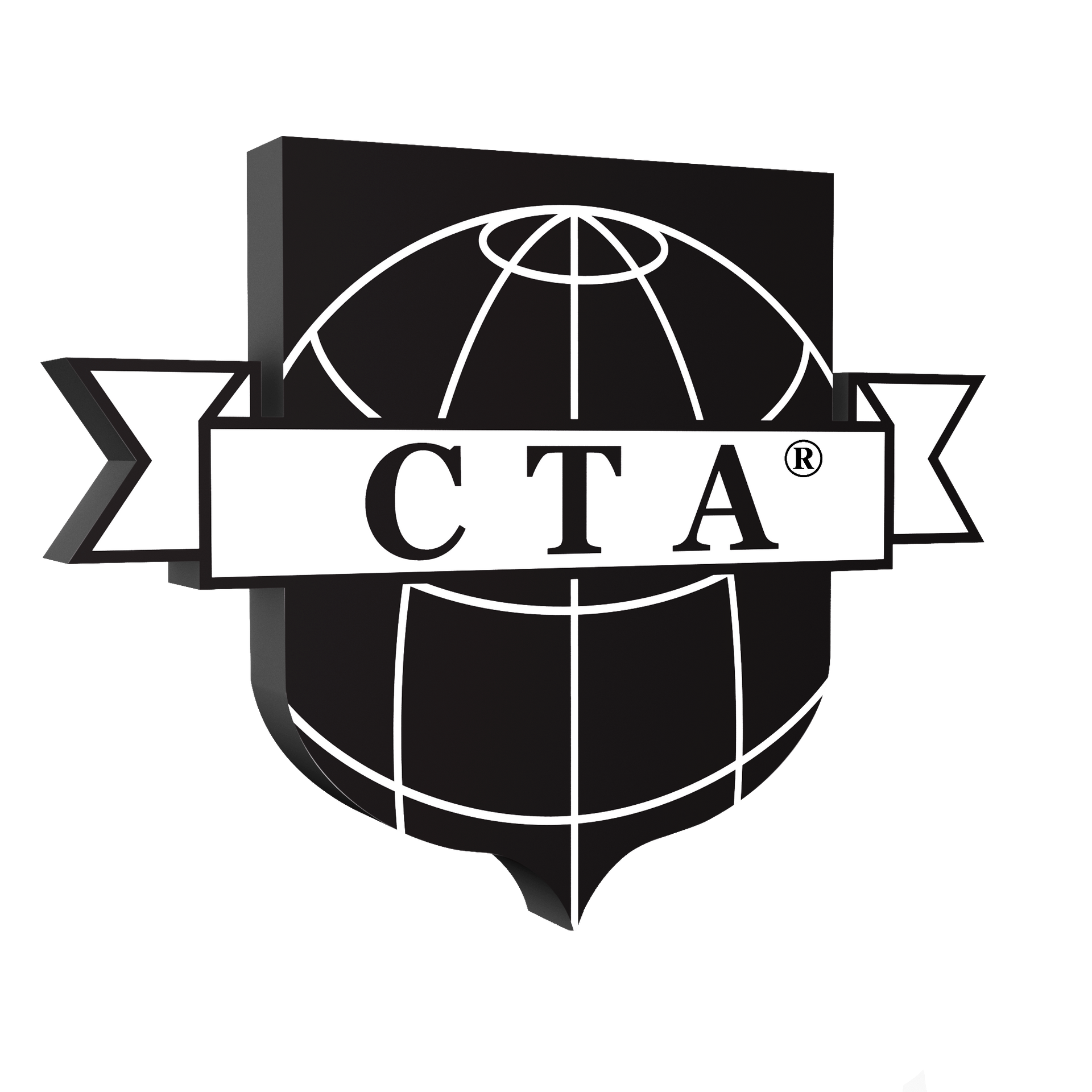 A black shield logo featuring a white globe outline, crossed by a horizontal white banner displaying the letters
