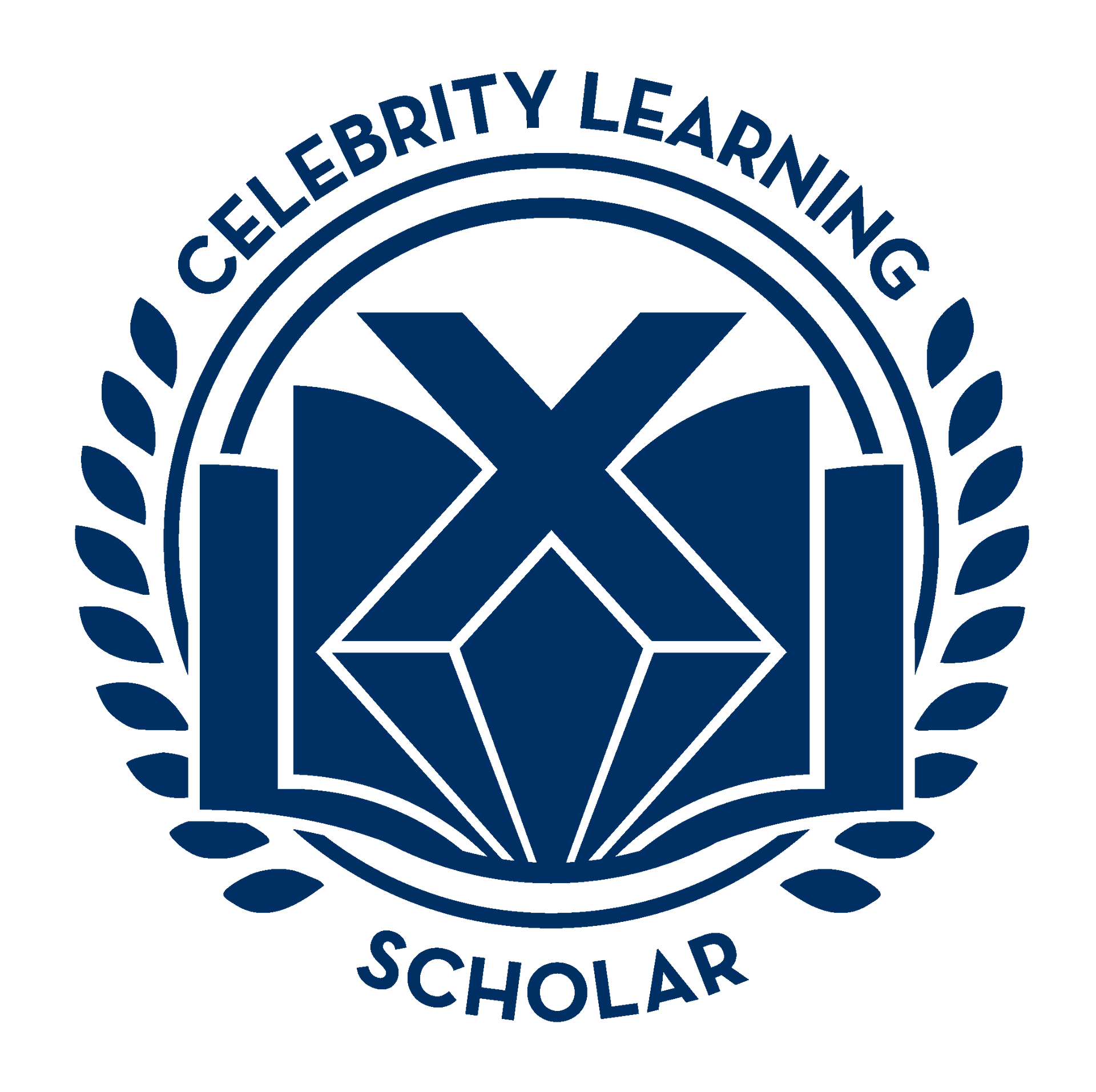 Blue and white “Celebrity Learning Scholar” emblem with laurel wreath and stylized book/star icon