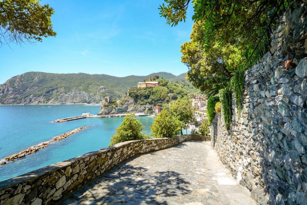 Coastal stone path beside blue sea and rocky cliffs under sunny green trees