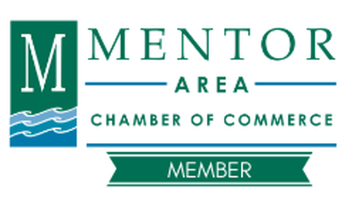 Logo for the Mentor Area Chamber of Commerce, featuring a large M, water waves, and a green