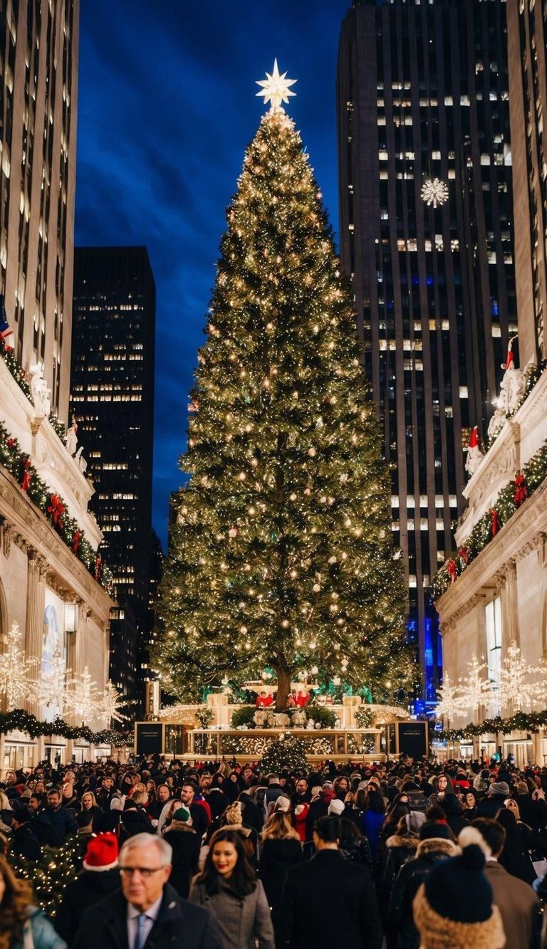 Crowded city plaza with a giant lit Christmas tree between tall buildings at night