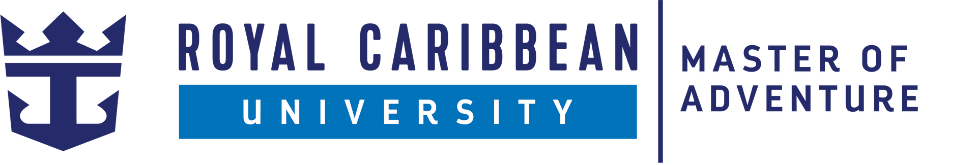 The Royal Caribbean University Master of Adventure logo features a blue and white anchor crown icon and blue text.
