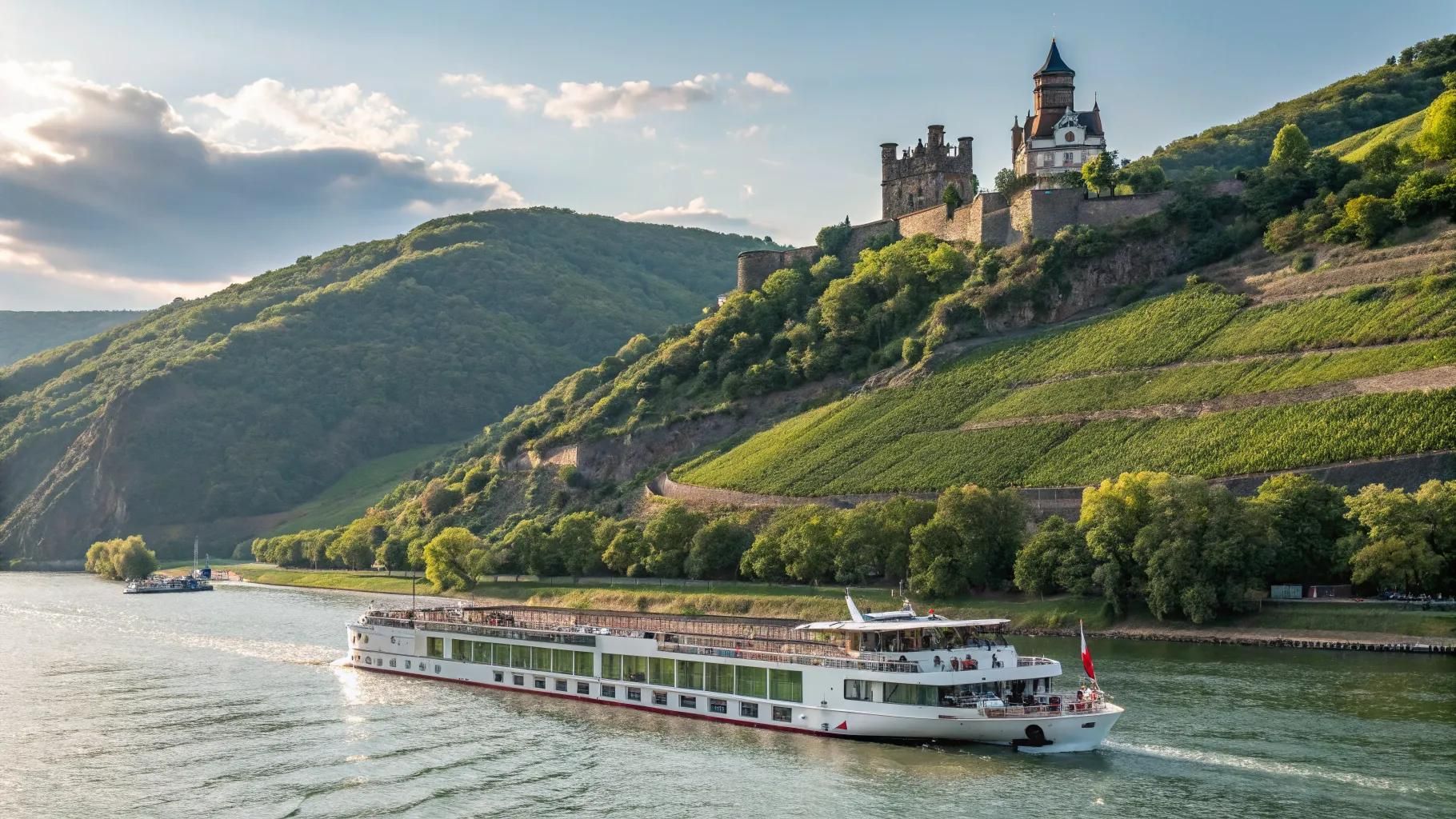 River cruise ship on a wide river beside steep green vineyards and a hilltop castle under a partly cloudy sky