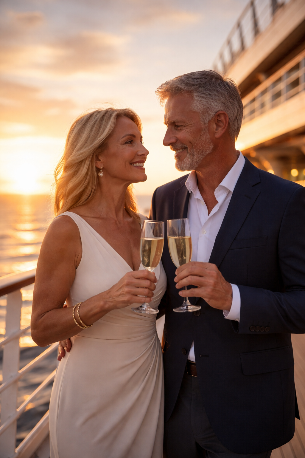 A couple in elegant attire toasts with champagne on a cruise ship deck at sunset.