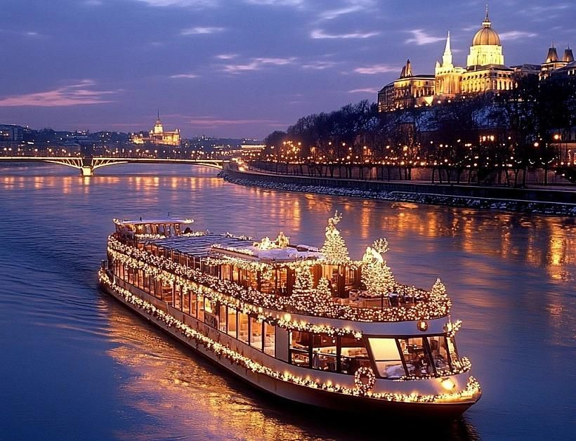 Illuminated riverboat cruising at dusk on a city river, with lit buildings and a glowing hillside landmark in the background
