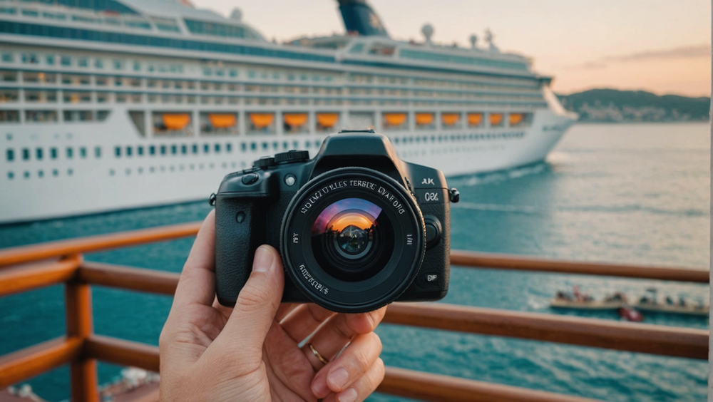 A hand holds a camera toward a cruise ship on the water at sunset, with the scene reflected in the camera lens.