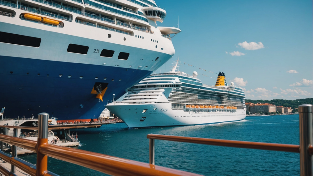 Two large cruise ships docked in a harbor on a clear, sunny day, viewed past a foreground railing.