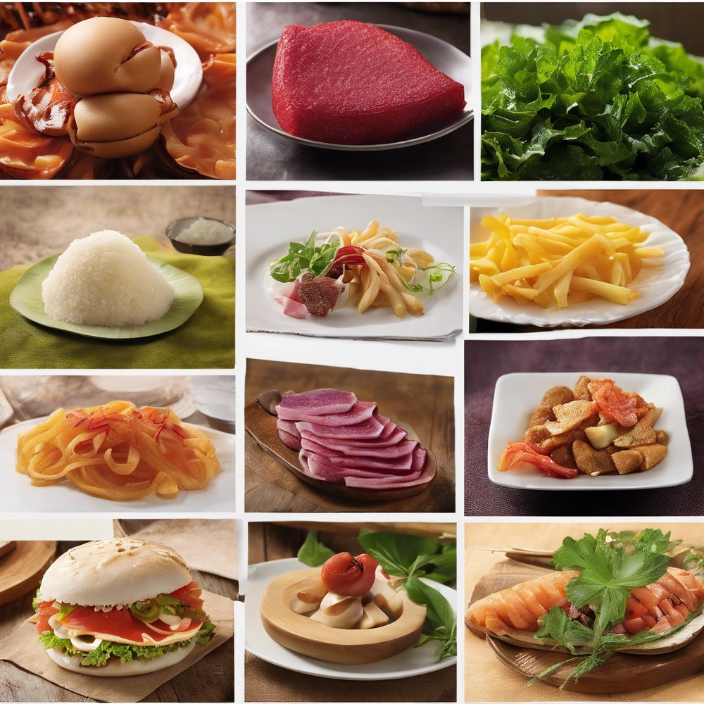 A collage of different types of food including meat and vegetables