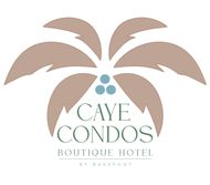 Caye Condos Boutique Hotel logo with a stylized brown palm tree and blue dots on a white background