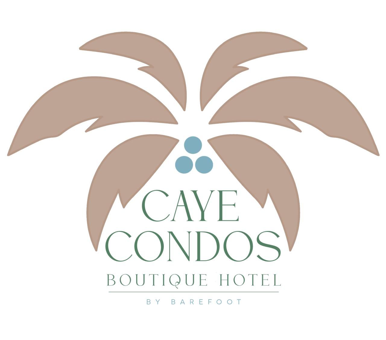 Caye Condos Boutique Hotel logo with a stylized brown palm tree and blue dots on a white background