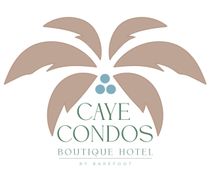 Logo for Caye Caulker Condos: teal arch shape with palm trees, sun, waves, and text.