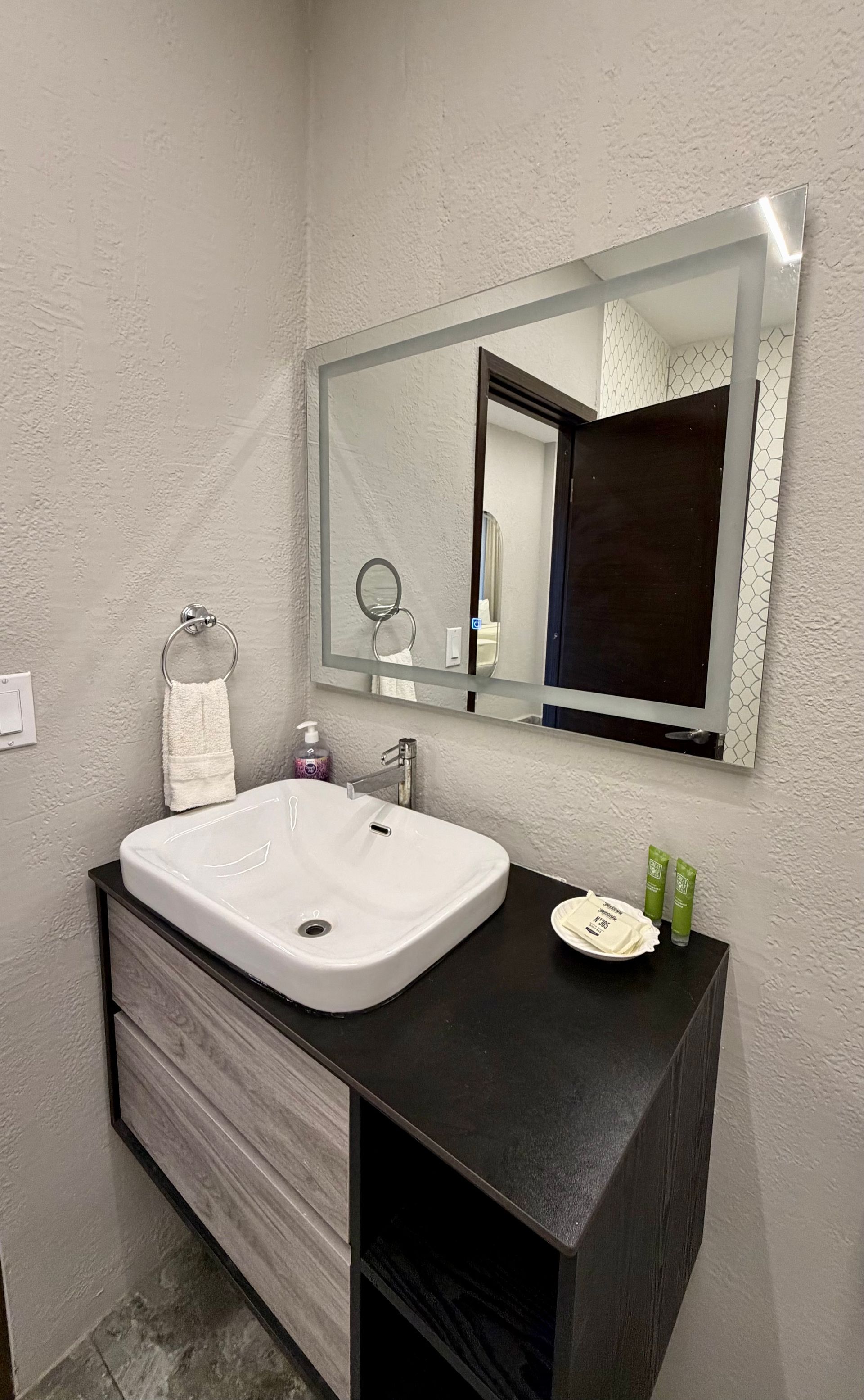Modern bathroom vanity with white sink, black countertop, mirror, and small plant decoration